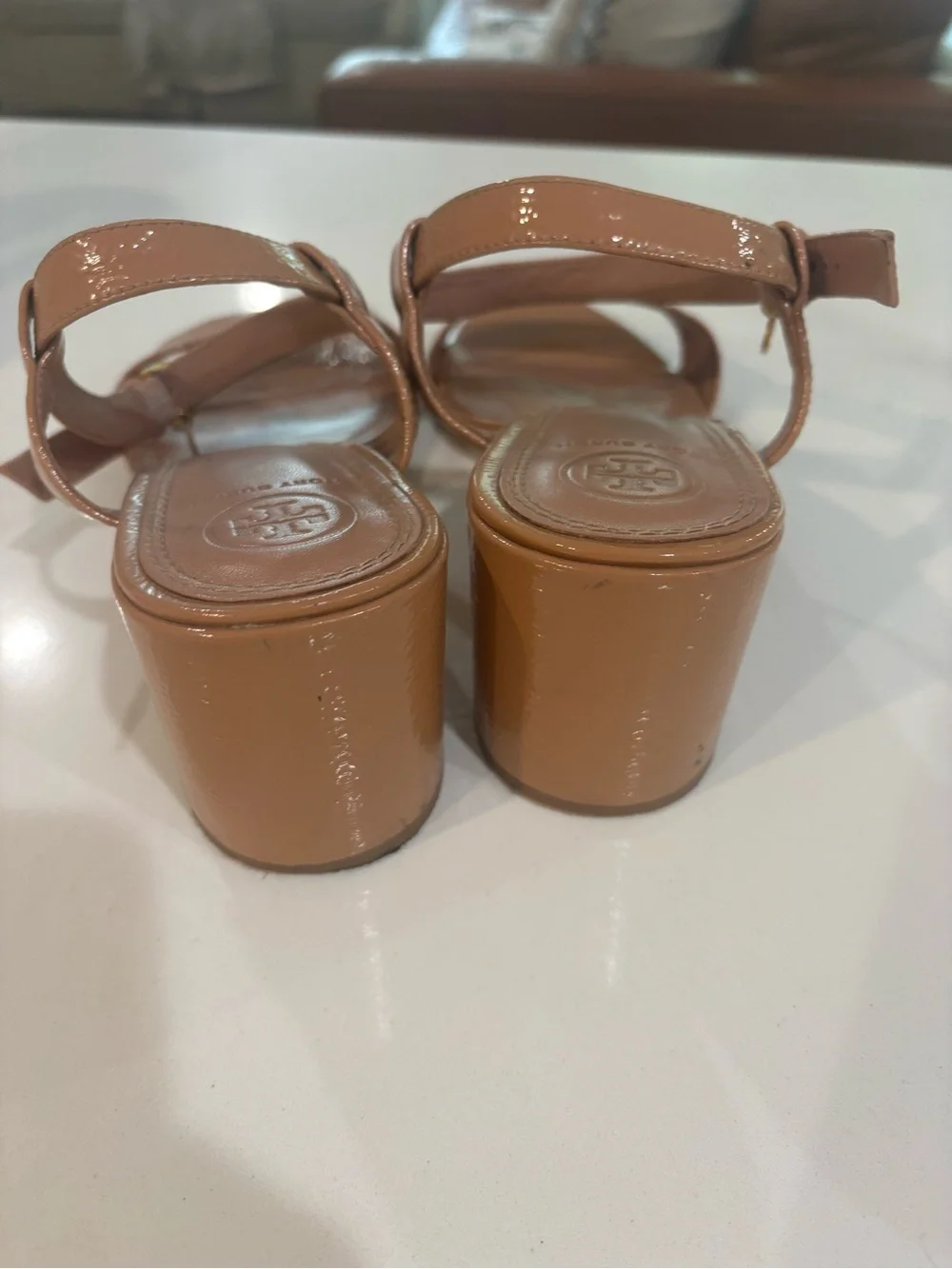 Tory Burch Patent Leather Block Heel Sandals in Tan 8
